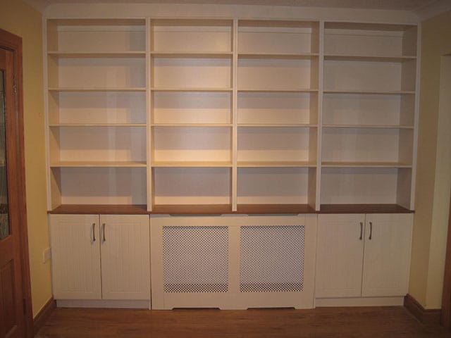 Radiator Cover built-in to shelving and cabinet unit